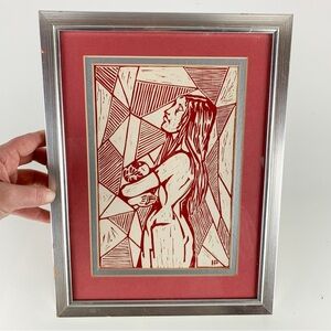 Vintage Religious Mary Child Woman In Red Woodcut Signed Framed HP Gallery Wall